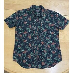 Rude Men's Sloth Graphic Short Sleeve Button Up Shirt Size Medium All Over Print